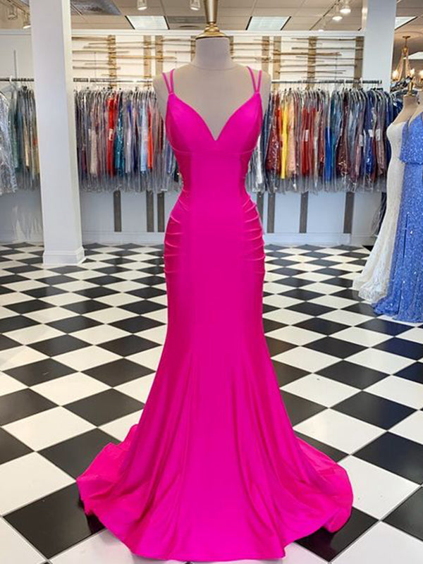 Women's Trumpet/Mermaid Spandex V-neck Floor-Length Long Prom Dresses With Pleated BabaMila