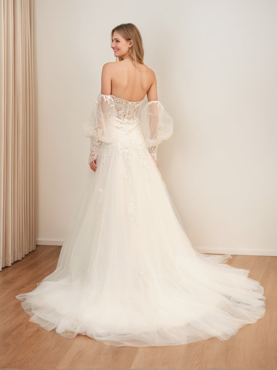 A-Line/Princess Sweetheart Neck Segmented Sleeves Long Wedding Dresses with Appliques BabaMila