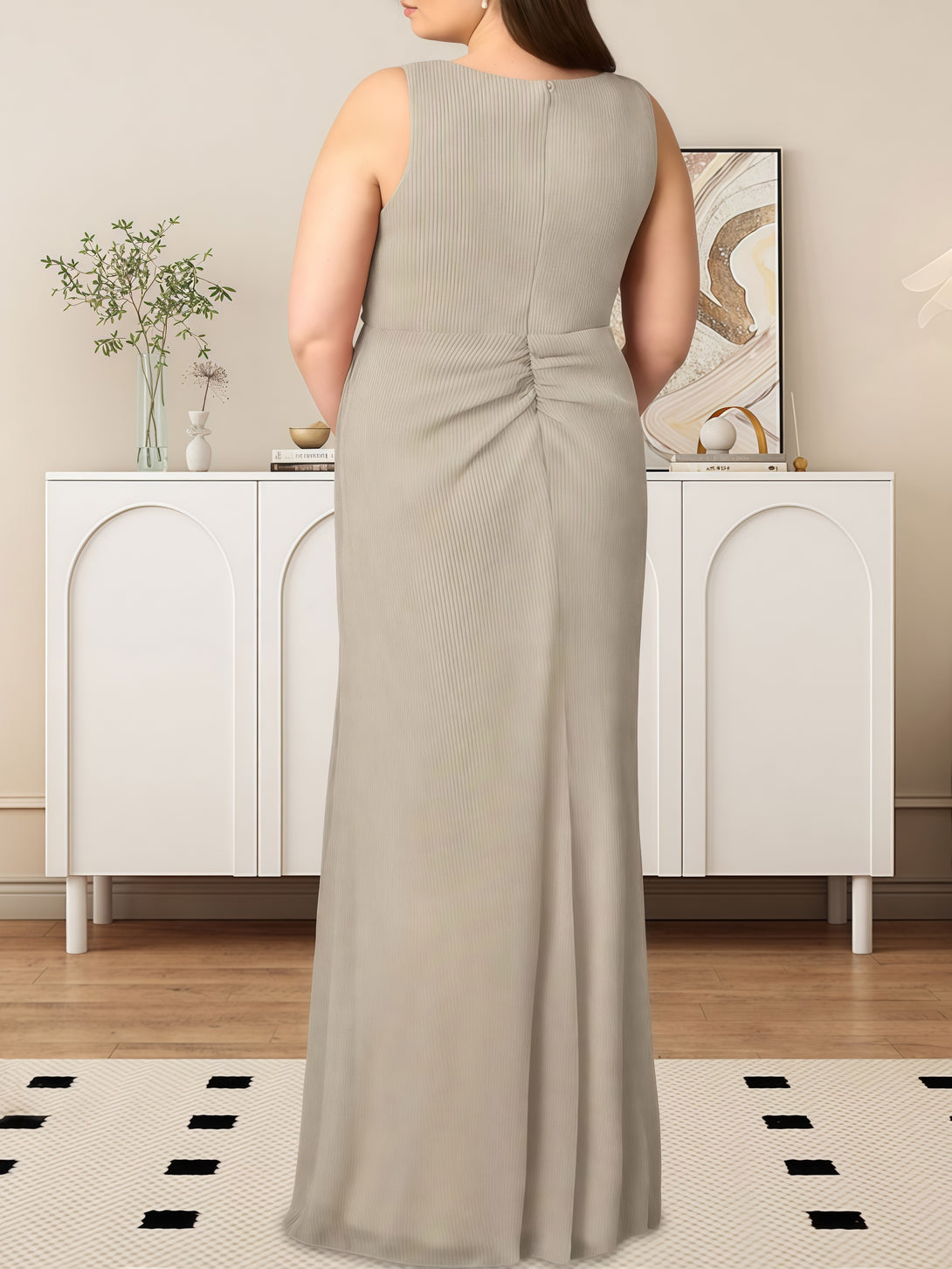 Mermaid V-Neck Sleeveless Floor-Length Metallic Mesh Mother of the Bride Dress With Pleated BabaMila
