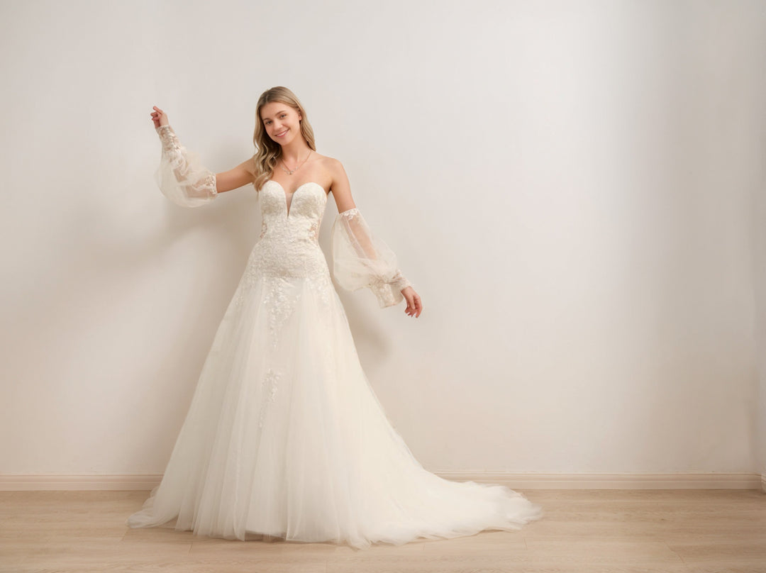 A-Line/Princess Sweetheart Neck Segmented Sleeves Long Wedding Dresses with Appliques BabaMila