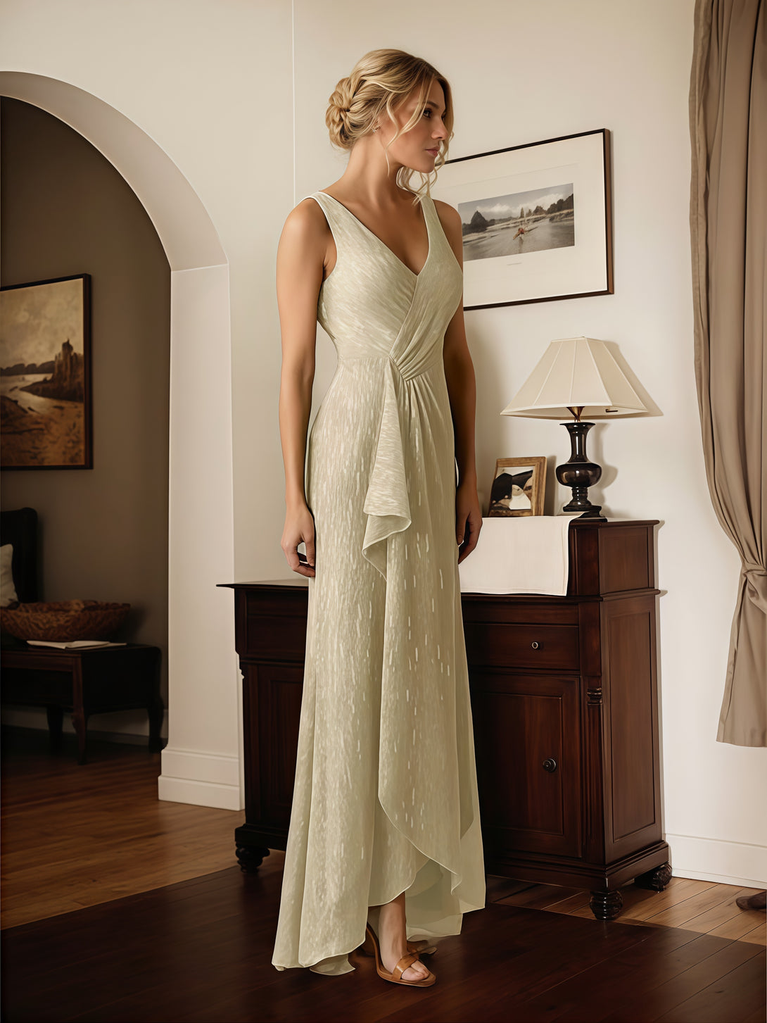 Mermaid V-Neck Sleeveless Floor-Length Metallic Mesh Mother of the Bride Dress With Pleated BabaMila
