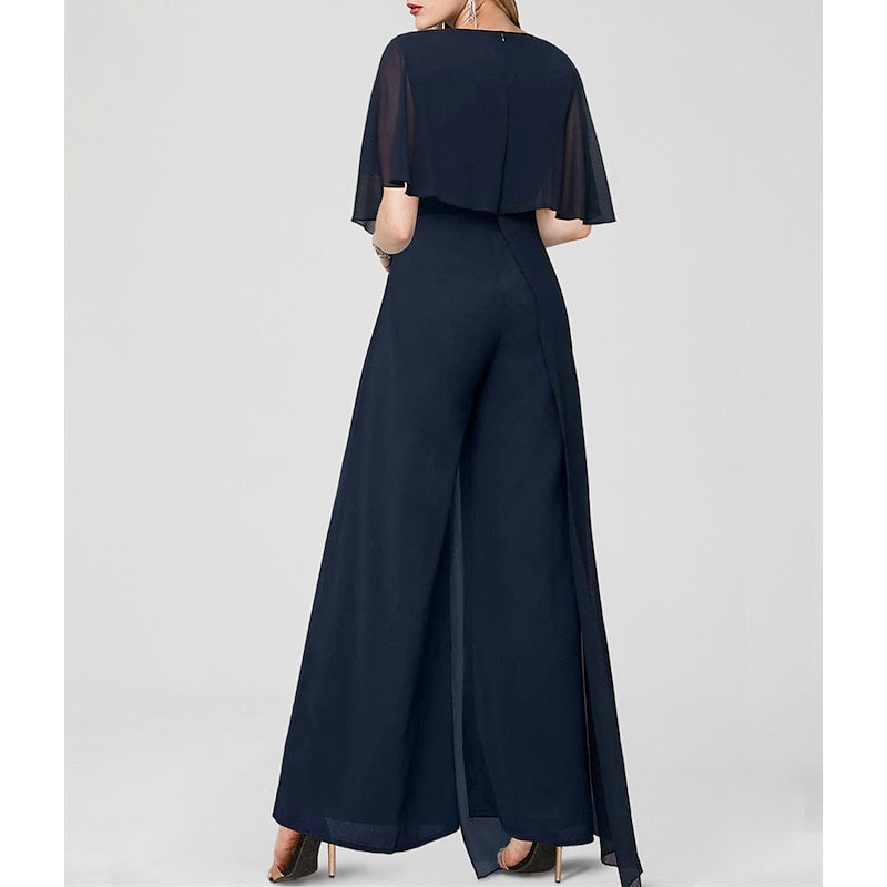 Jumpsuits Short Sleeves Jewel Neck Wedding Guest Dress With Fringe BabaMila