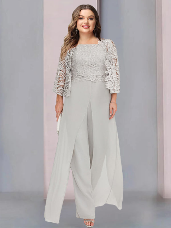 Chiffon Square Neck Floor-Length Plus Size Mother Of The Bride Pantsuits With Jacket & Split Side BabaMila