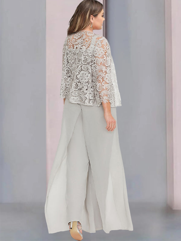 Chiffon Square Neck Floor-Length Plus Size Mother Of The Bride Pantsuits With Jacket & Split Side BabaMila