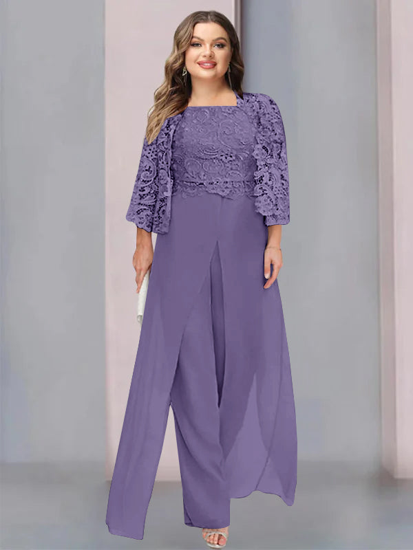 Chiffon Square Neck Floor-Length Plus Size Mother Of The Bride Pantsuits With Jacket & Split Side BabaMila