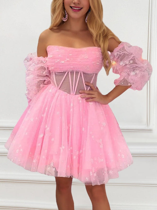 A-Line/Princess Strapless Detachable Balloon Sleeves Short/Mini Party Dance Cocktail Homecoming Dress With Pleats/Illusion Corset Bodice BabaMila