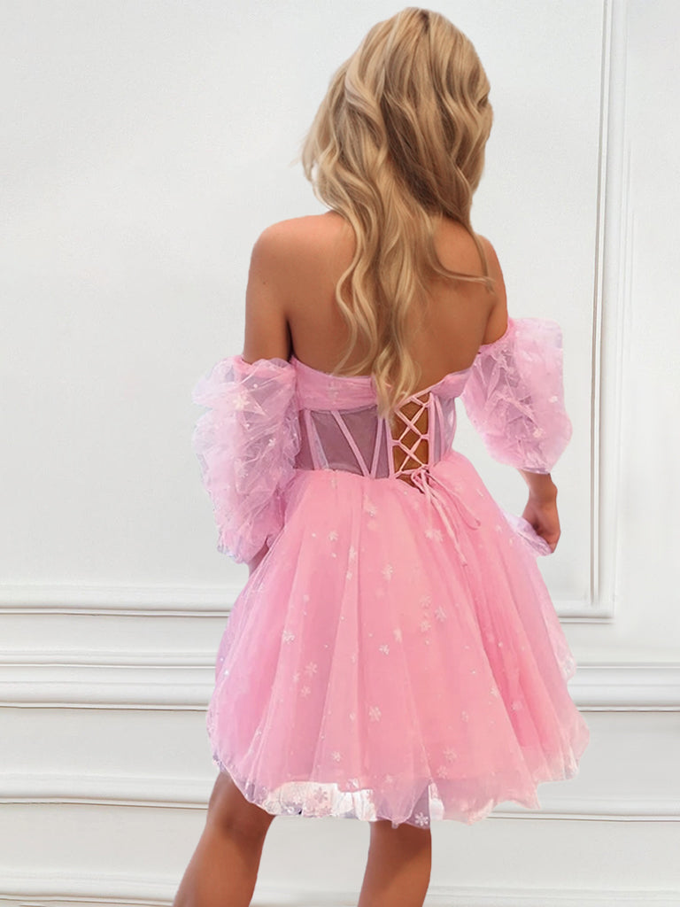 A-Line/Princess Strapless Detachable Balloon Sleeves Short/Mini Party Dance Cocktail Homecoming Dress With Pleats/Illusion Corset Bodice BabaMila