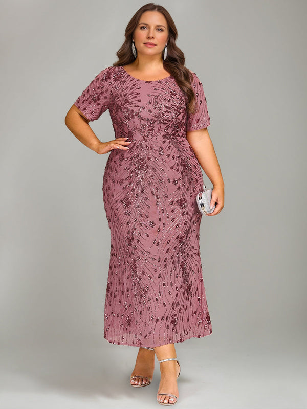 Trumpet/Mermaid Plus Scoop Half Sleeves Tea-Length Mother Of The Bride Dresses With Sequins & Embroidery BabaMila