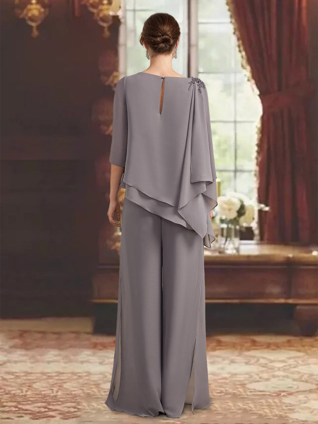 2 Pieces Scoop 3/4 Sleeves Floor-Length Mother Of The Bride Pantsuits With Jewel Appliques BabaMila