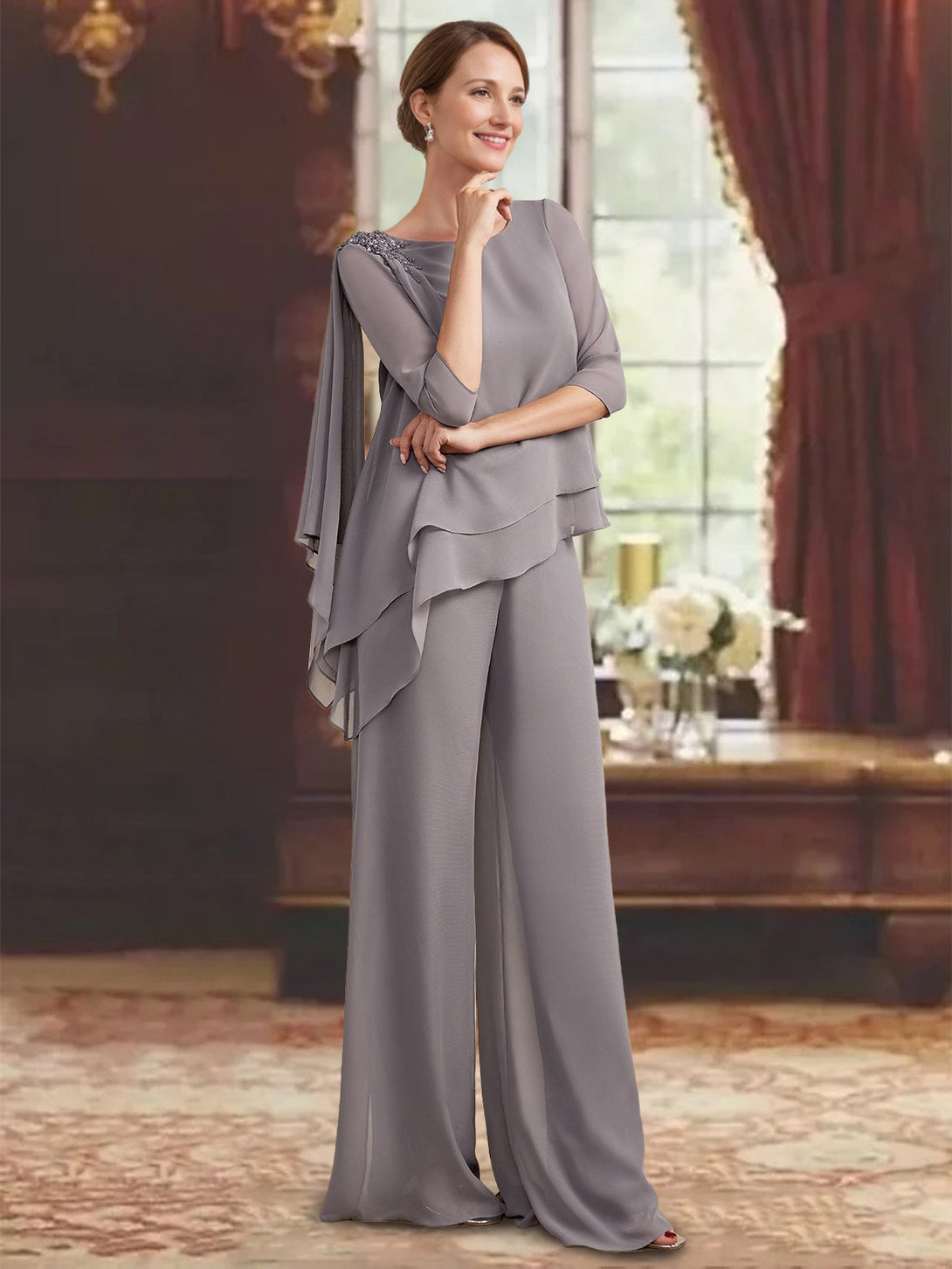 2 Pieces Scoop 3/4 Sleeves Floor-Length Mother Of The Bride Pantsuits With Jewel Appliques BabaMila