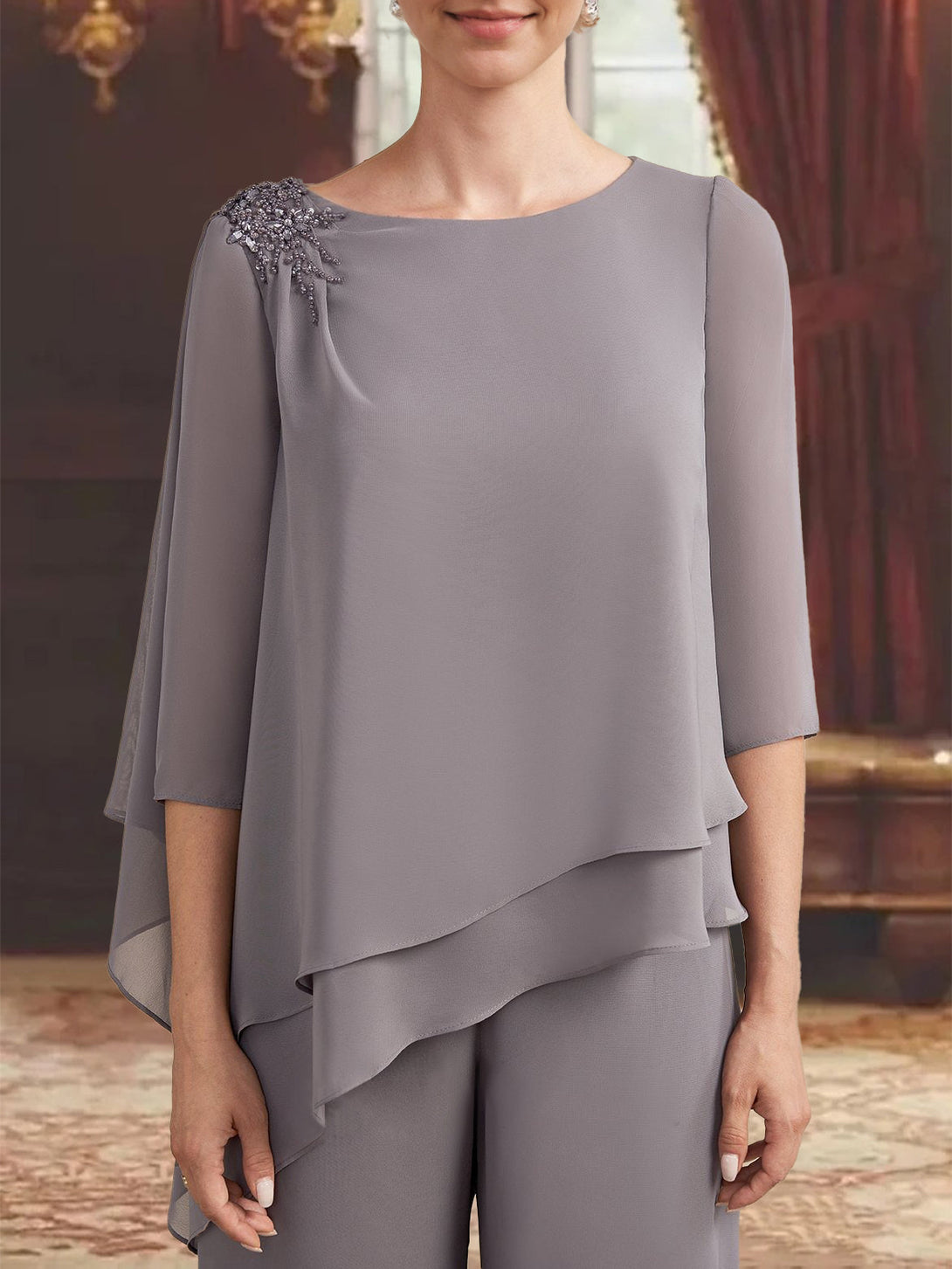 2 Pieces Scoop 3/4 Sleeves Floor-Length Mother Of The Bride Pantsuits With Jewel Appliques BabaMila