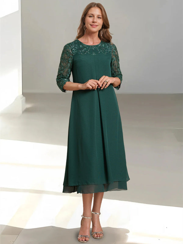 A-Line/Princess Scoop 3/4 Sleeves Tea-Length Mother Of The Bride Dresses With Appliques & Sequins BabaMila