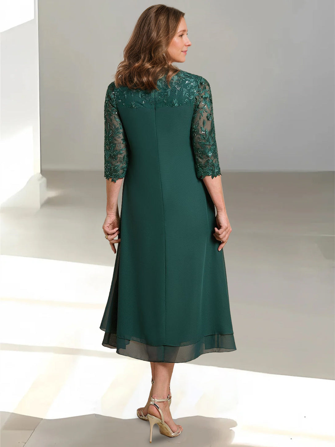 A-Line/Princess Scoop 3/4 Sleeves Tea-Length Mother Of The Bride Dresses With Appliques & Sequins BabaMila