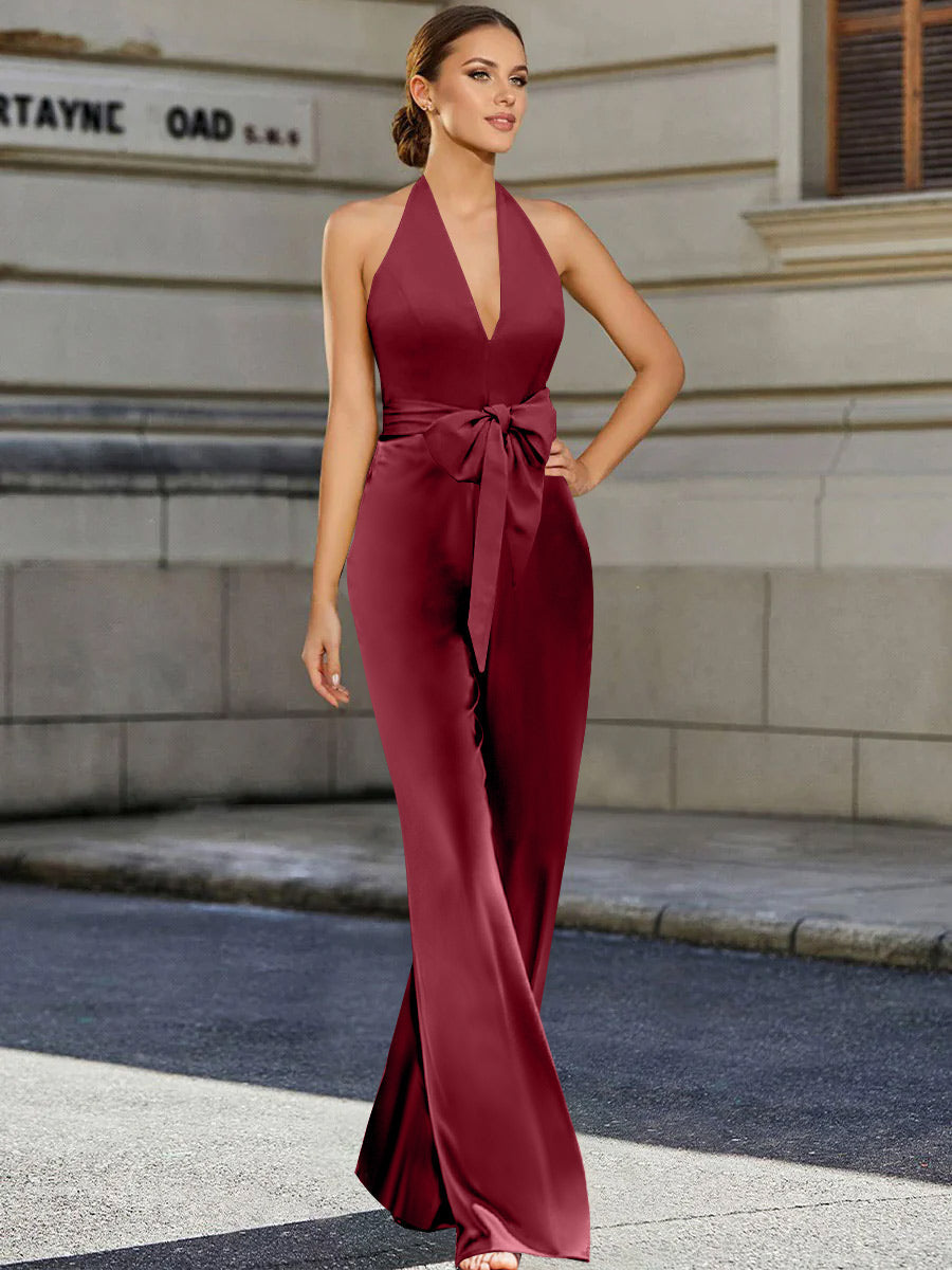 2 Piece V-Neck Sleeveless Floor Length Mother Of The Bride Pantsuits With Bow Belt BabaMila