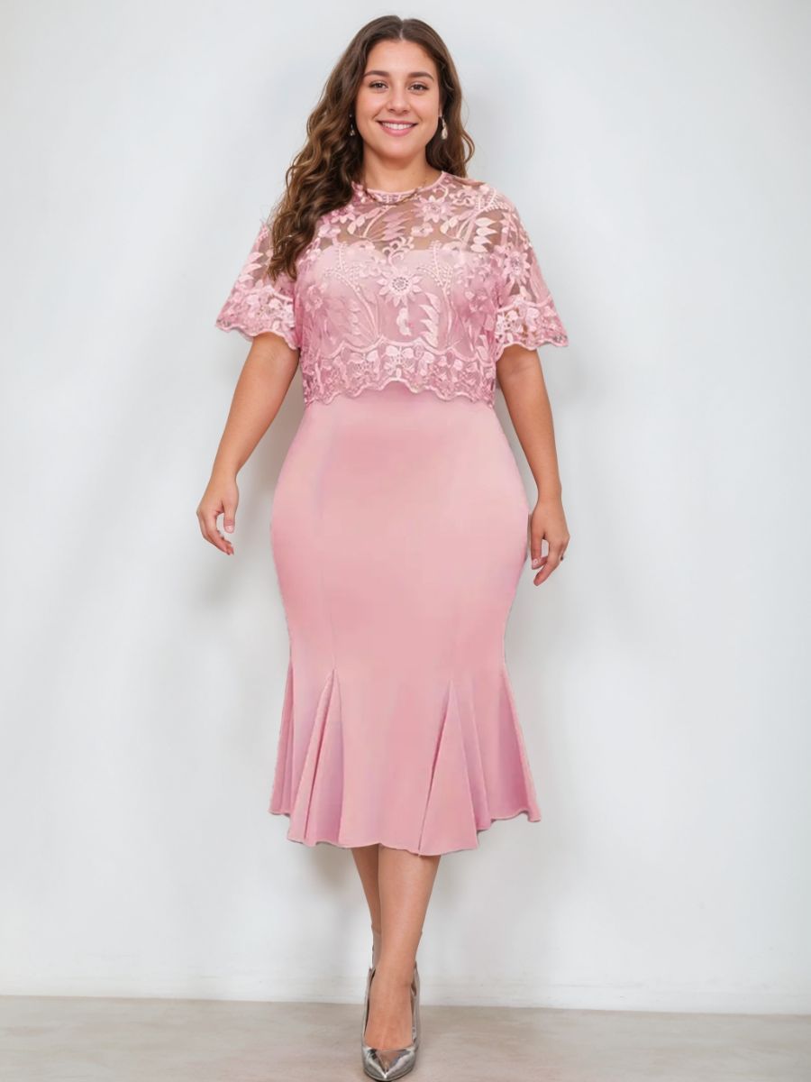 Trumpet/Mermaid Scoop Half Sleeves Tea-Length Plus Size Mother Of The Bride Dresses With Appliques BabaMila