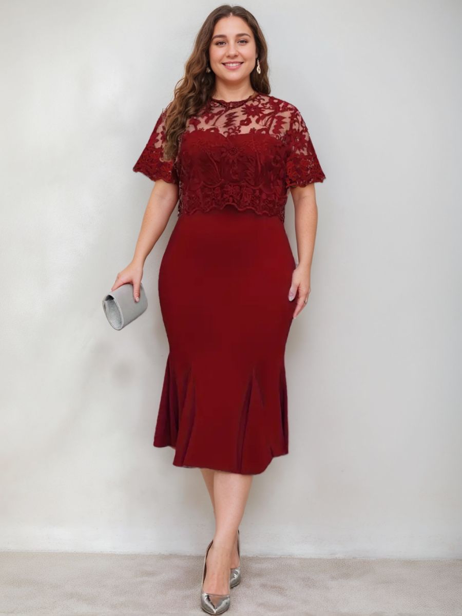 Trumpet/Mermaid Scoop Half Sleeves Tea-Length Plus Size Mother Of The Bride Dresses With Appliques BabaMila