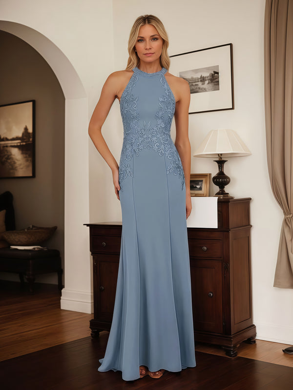 Sheath Halter Sleeveless Floor-Length Lace/Chiffon Mother of the Bride Dress With Appliques BabaMila