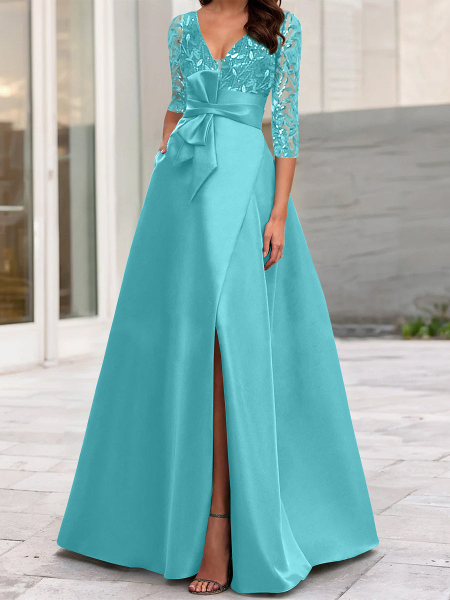 A-Line/Princess One-Shoulder 3/4 Length Sleeves Floor-Length Mother Of The Bride Dresses BabaMila