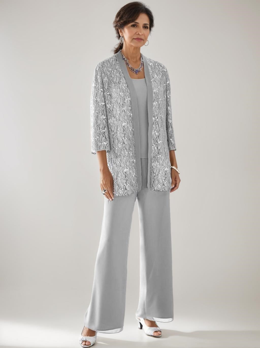 3 Pieces Scoop Neck 3/4 Sleeves Ankle-Length Mother Of The Bride Pantsuits With Lace & Sequins & Jacket BabaMila
