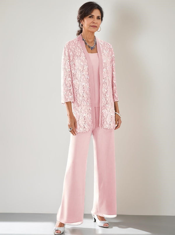 3 Pieces Scoop Neck 3/4 Sleeves Ankle-Length Mother Of The Bride Pantsuits With Lace & Sequins & Jacket BabaMila