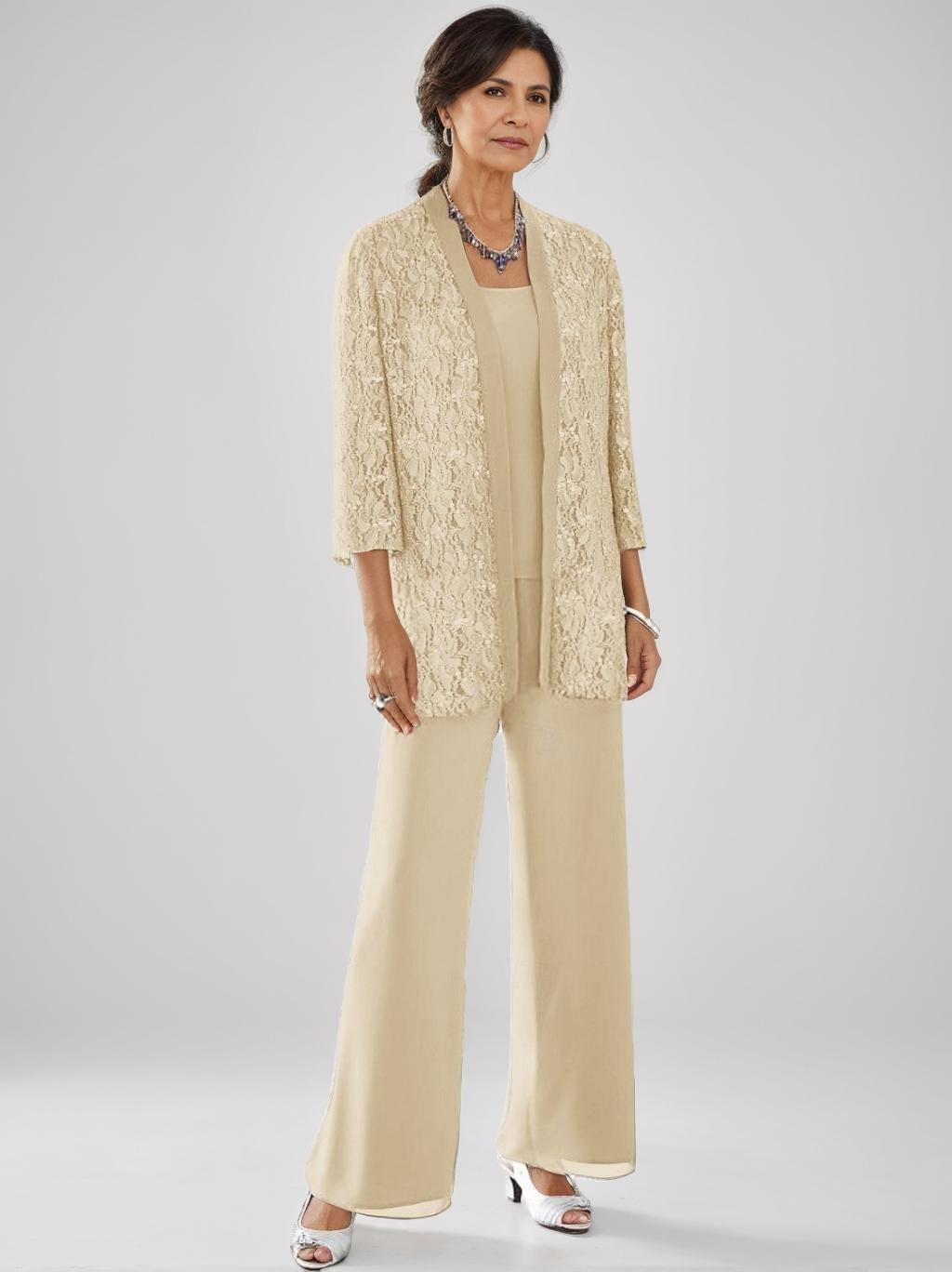 3 Pieces Scoop Neck 3/4 Sleeves Ankle-Length Mother Of The Bride Pantsuits With Lace & Sequins & Jacket BabaMila