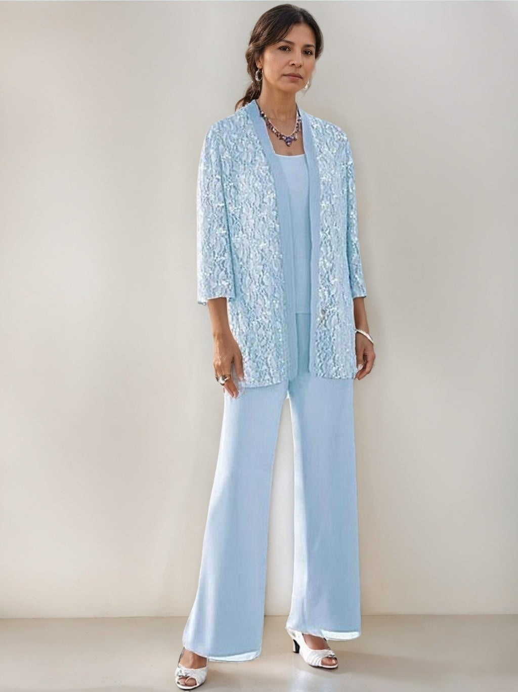 3 Pieces Scoop Neck 3/4 Sleeves Ankle-Length Mother Of The Bride Pantsuits With Lace & Sequins & Jacket BabaMila
