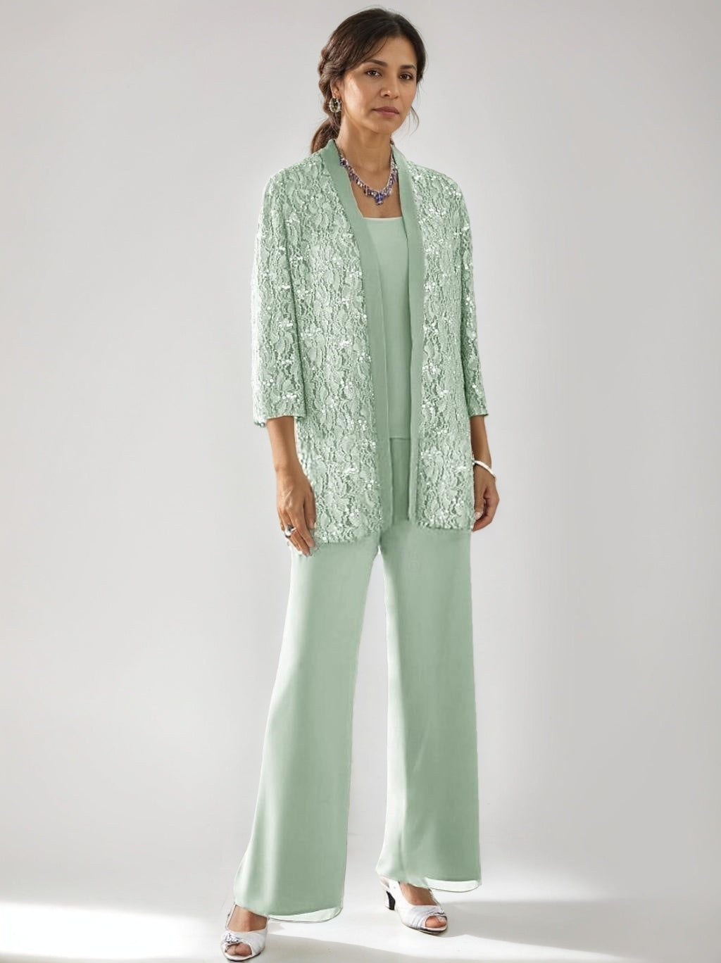3 Pieces Scoop Neck 3/4 Sleeves Ankle-Length Mother Of The Bride Pantsuits With Lace & Sequins & Jacket BabaMila