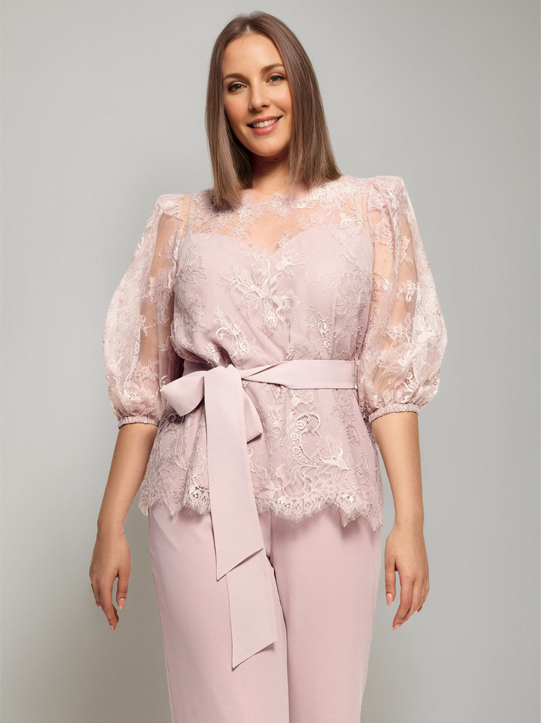 2 Pieces Round Neck Plus Size Half Sleeves Mother Of The Bride Paintsuits With Lace & Sash BabaMila