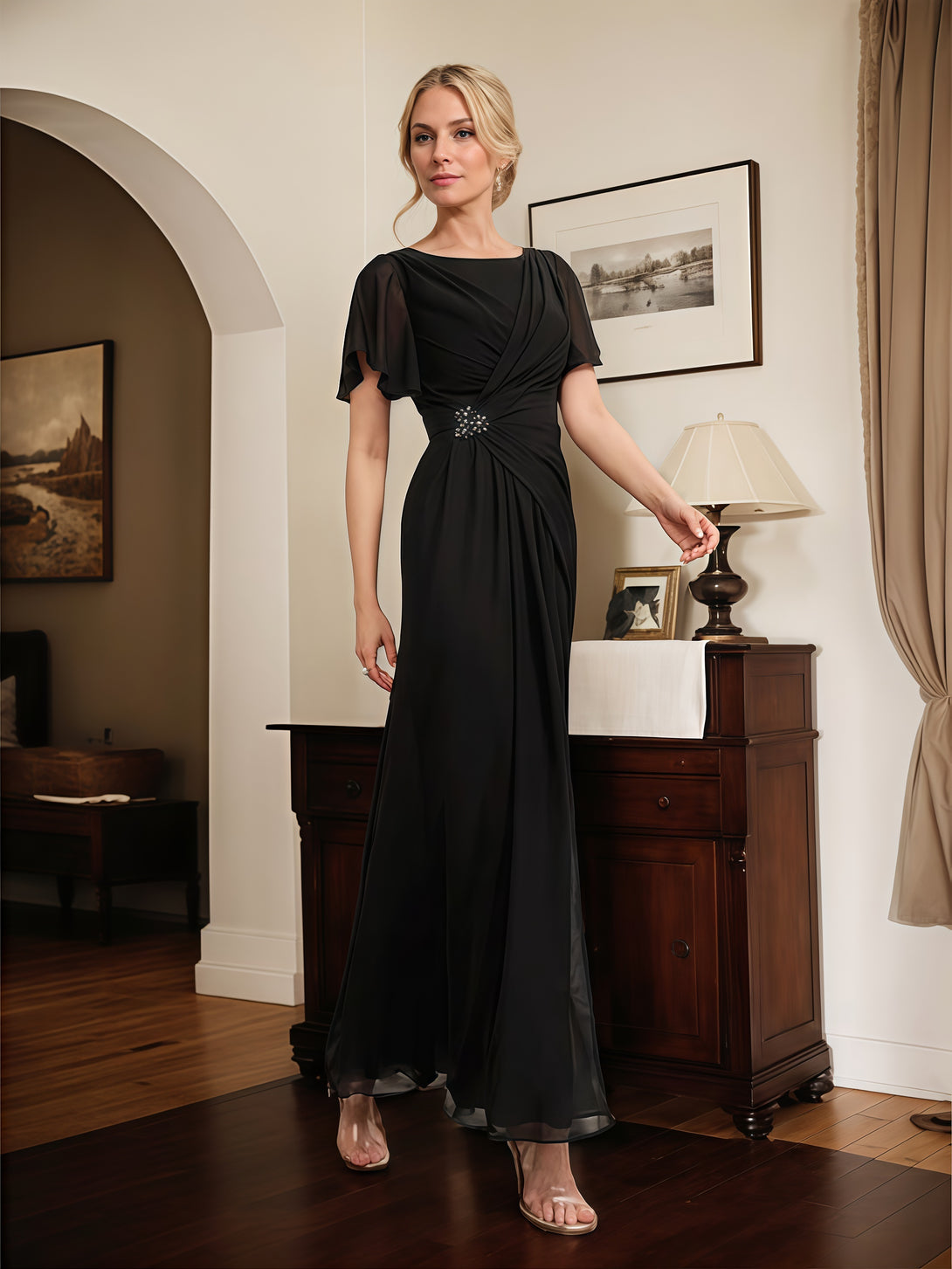 Sheath Boat Neck Flutter Straps Ankel-Length Chiffon Mother of the Bride Dress With Pleated/Beads BabaMila