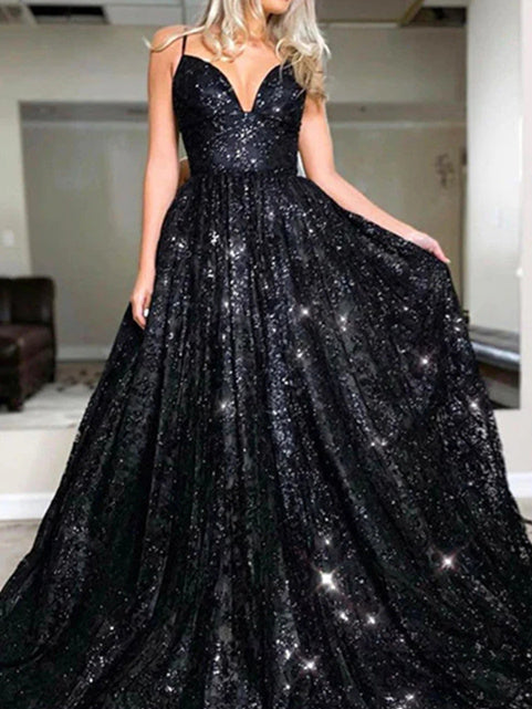 Women's Glittering A-Line/Princess Sequin V-neck Sweep/Brush Train Long Prom Dresses BabaMila