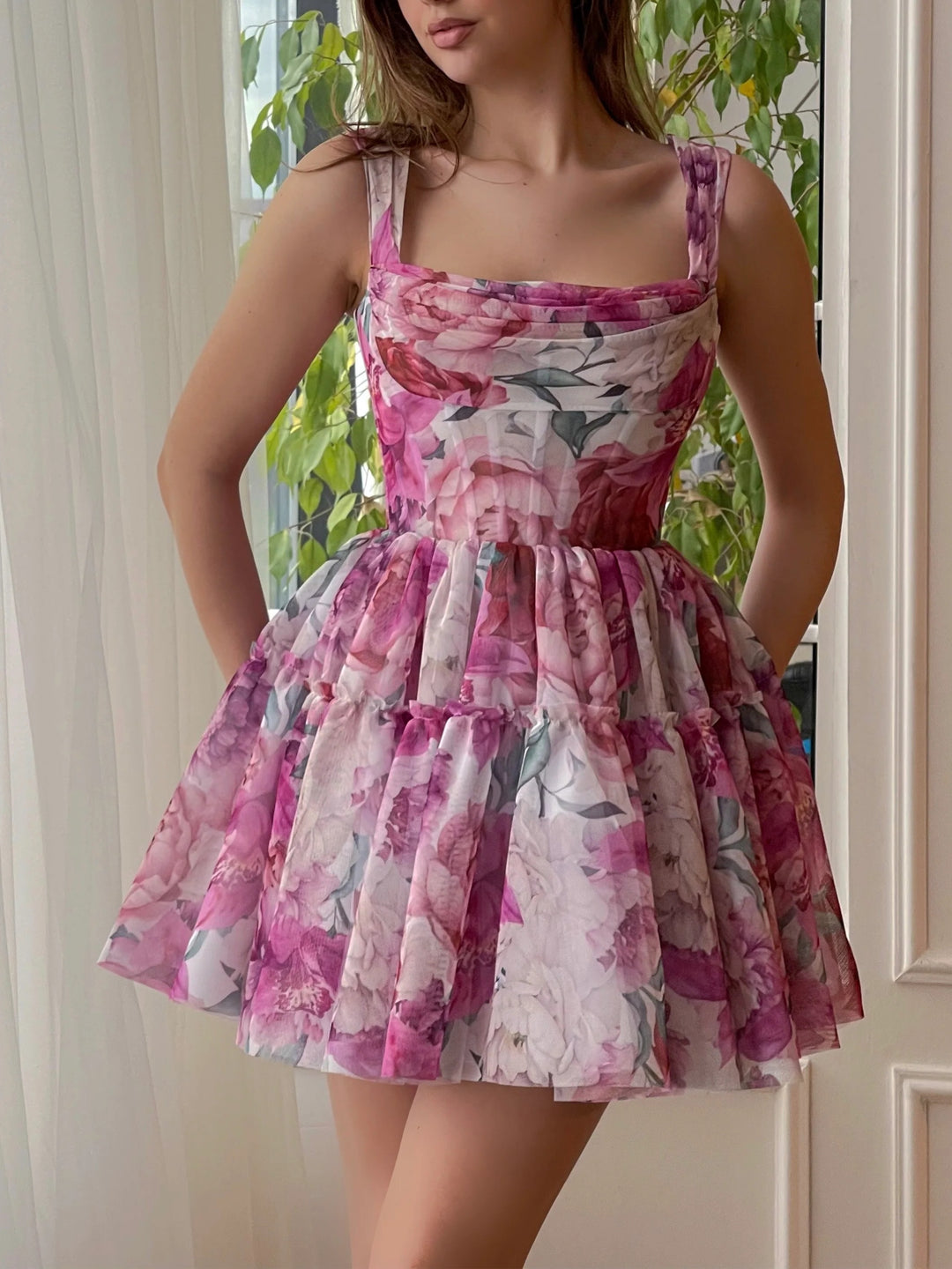A-Line/Princess Square Neck Printed Tulle Sleeveless Mini Prom Dress with Ruffled Hem BabaMila