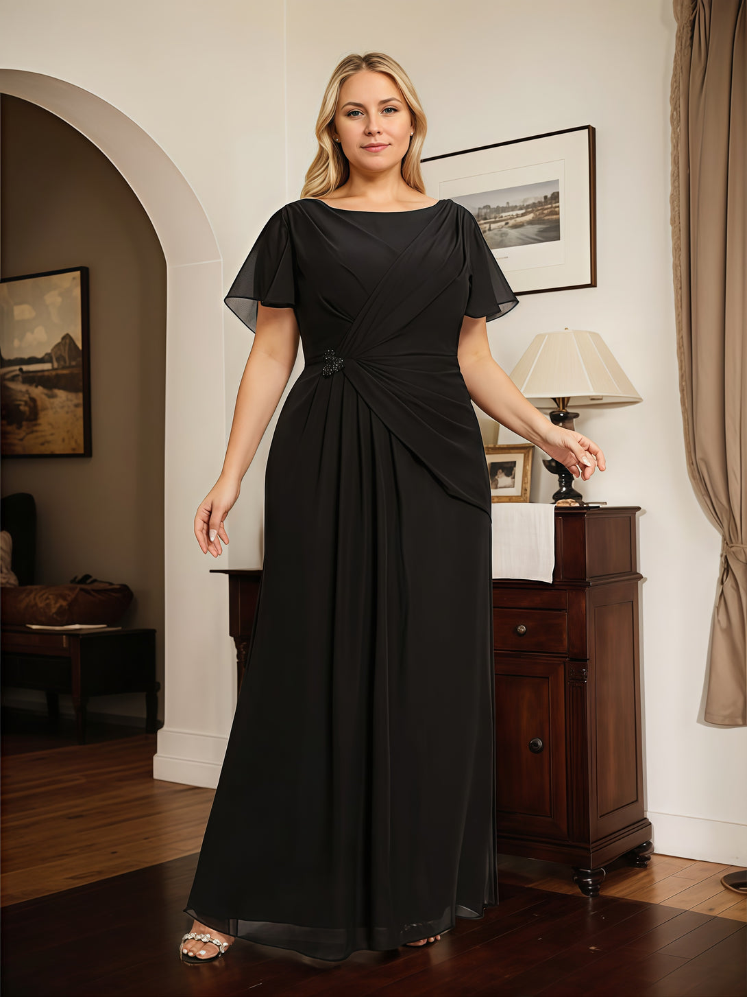 Sheath Boat Neck Flutter Straps Ankel-Length Chiffon Mother of the Bride Dress With Pleated/Beads BabaMila
