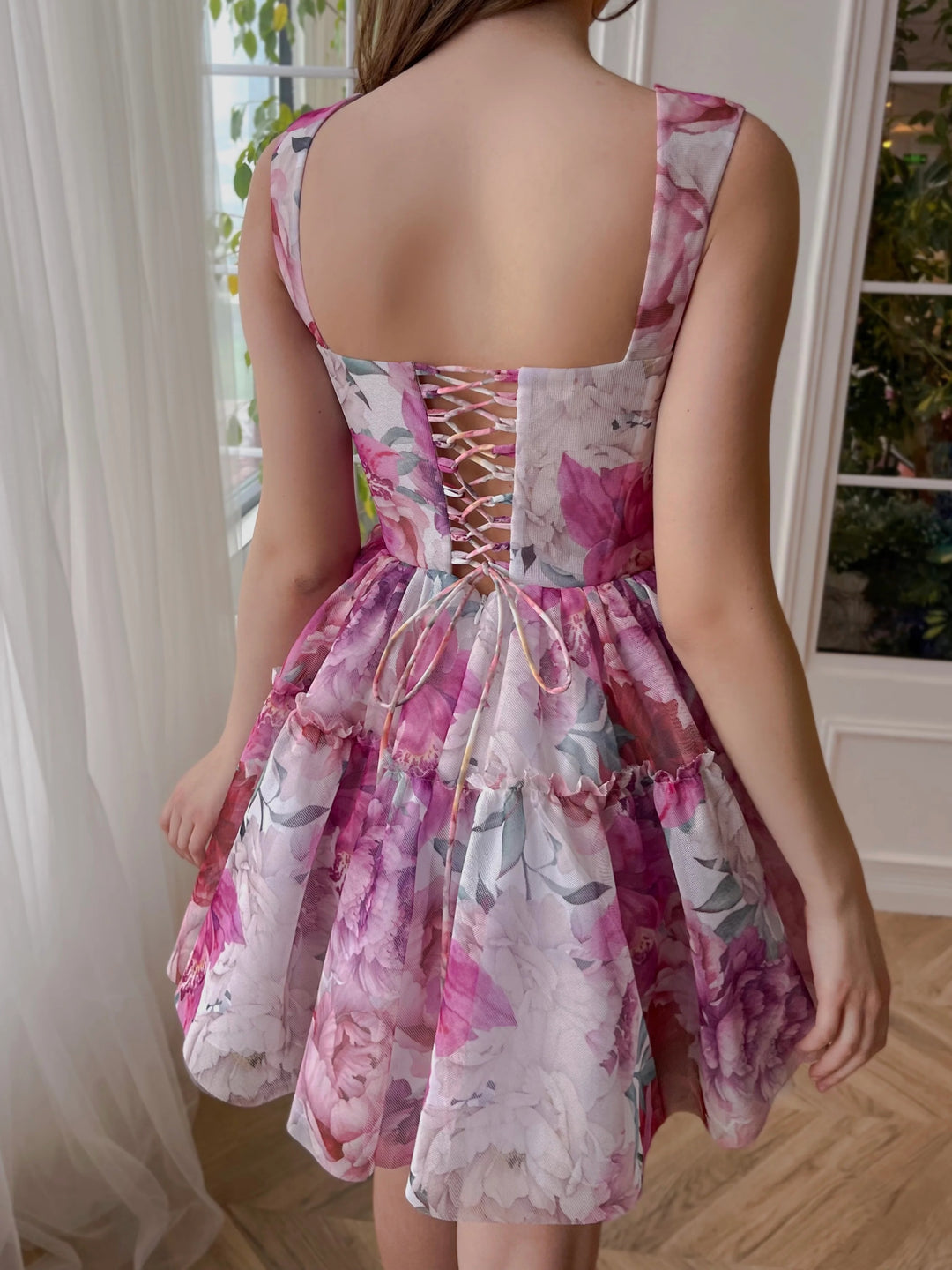 A-Line/Princess Square Neck Printed Tulle Sleeveless Mini Prom Dress with Ruffled Hem BabaMila