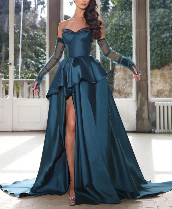 A-Line/Princess Strapless Half Sleeves Floor-length Long Formal Evening Dresses With Split Side BabaMila