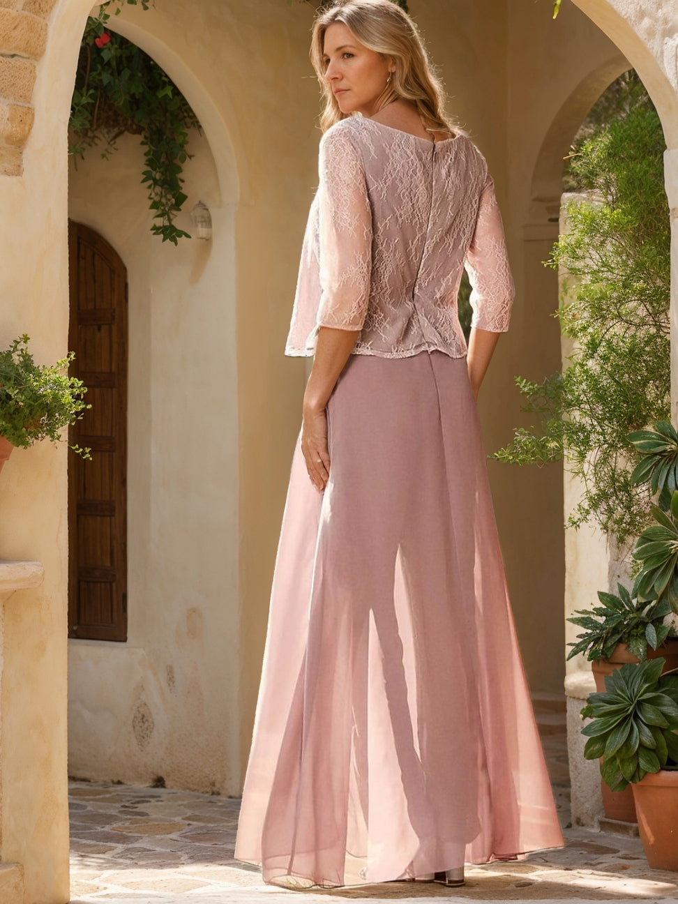 2 Pieces Scoop 3/4 Sleeves Floor-Length Mother Of The Bride Pantsuits With Lace Appliques BabaMila