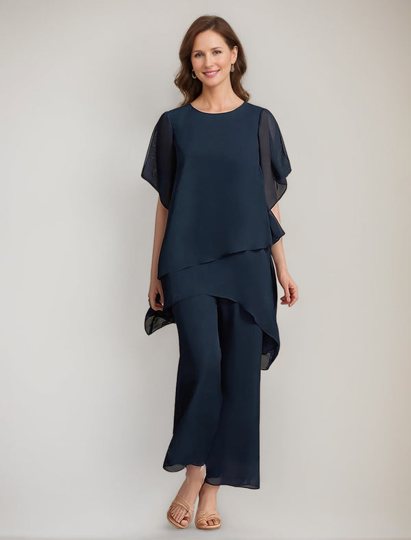 2 Pieces Scoop 1/2 Sleeves Ankle-Length Asymmetrical Mother Of The Bride Pantsuits With Button BabaMila