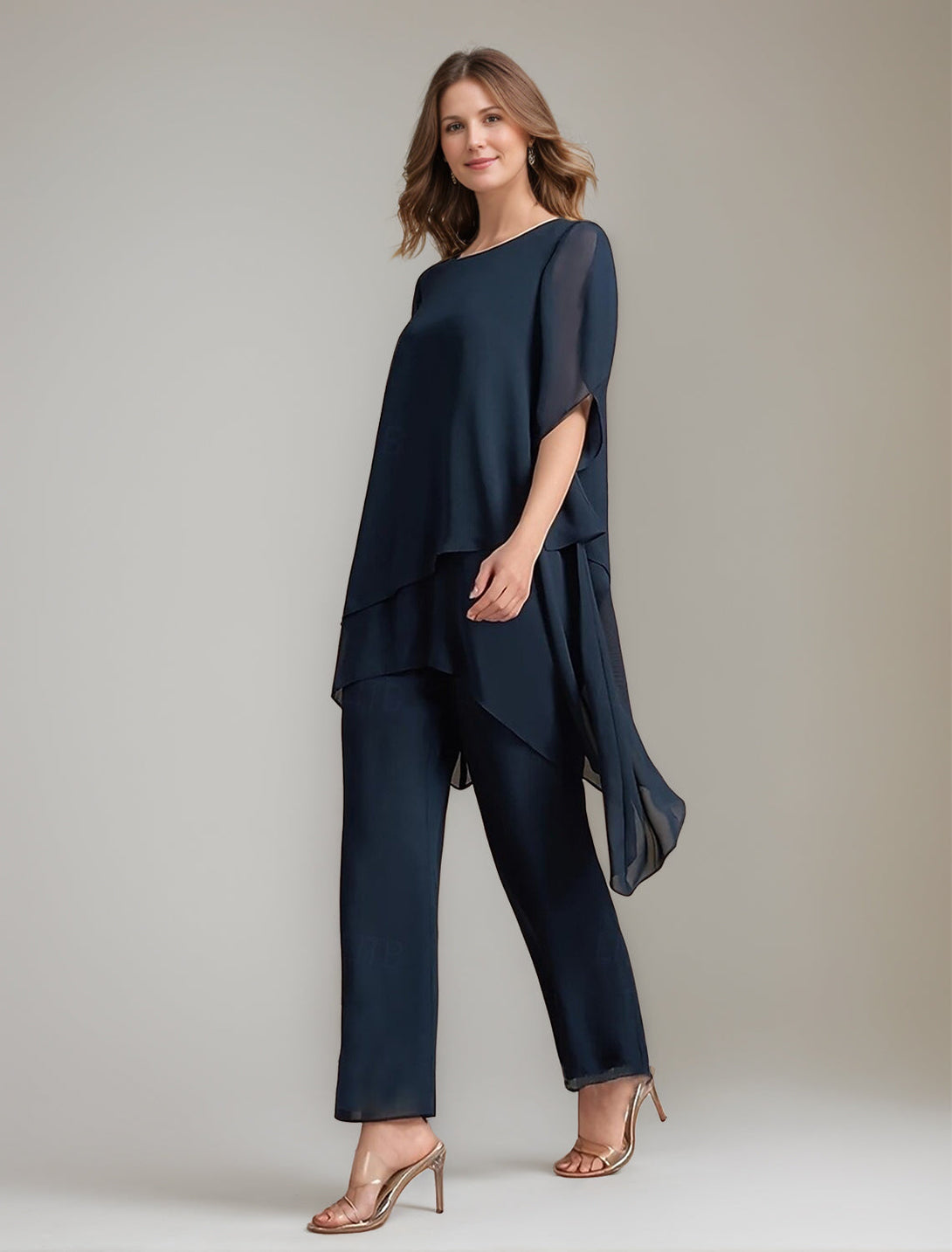 2 Pieces Scoop 1/2 Sleeves Ankle-Length Asymmetrical Mother Of The Bride Pantsuits With Button BabaMila