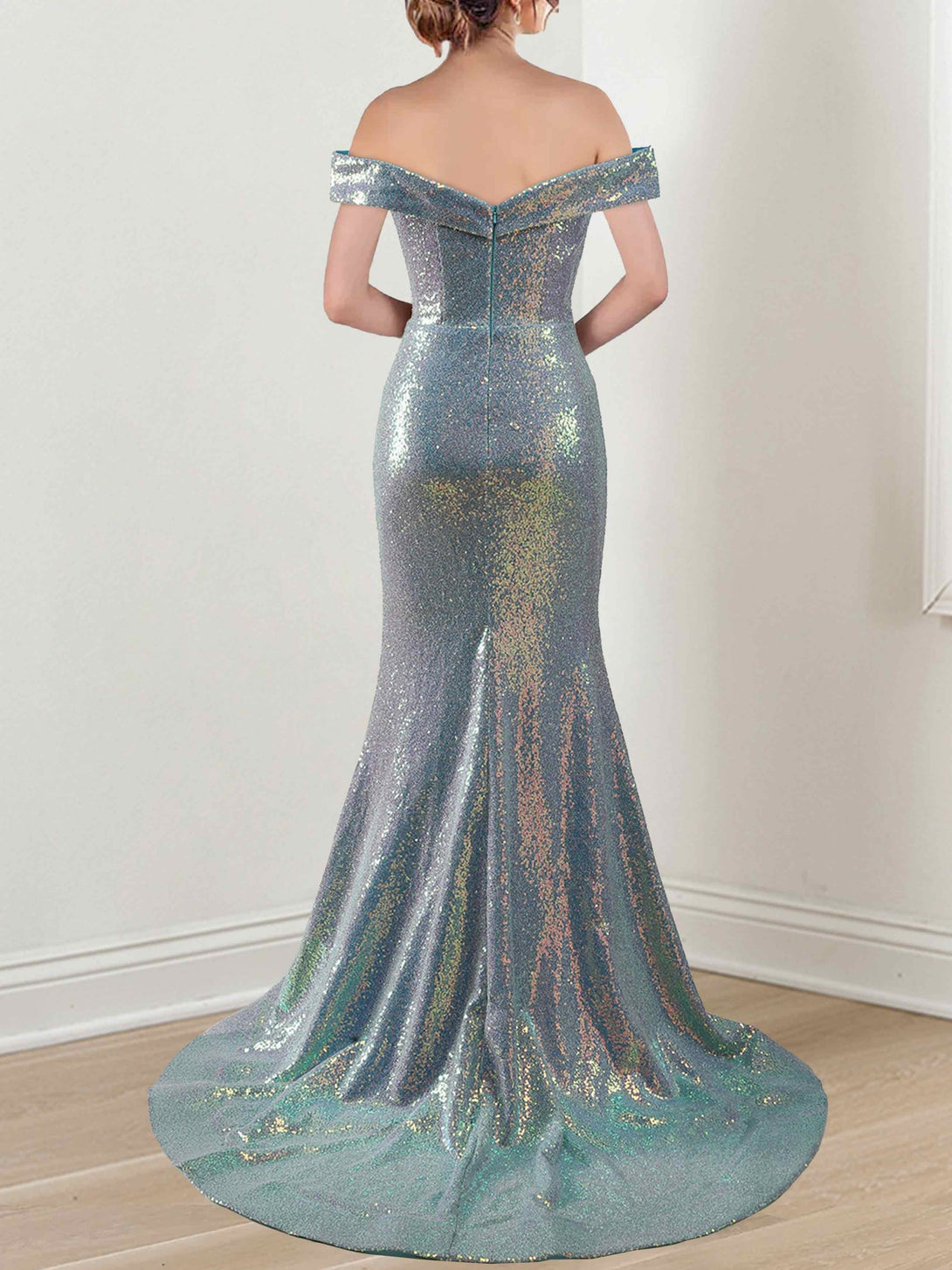 Mermaid/Trumpet Off-The-Shoulder Sleeveless Floor-Length Long Mother Of The Bride Dresses With Split Side,Sequins & Ruffles BabaMila