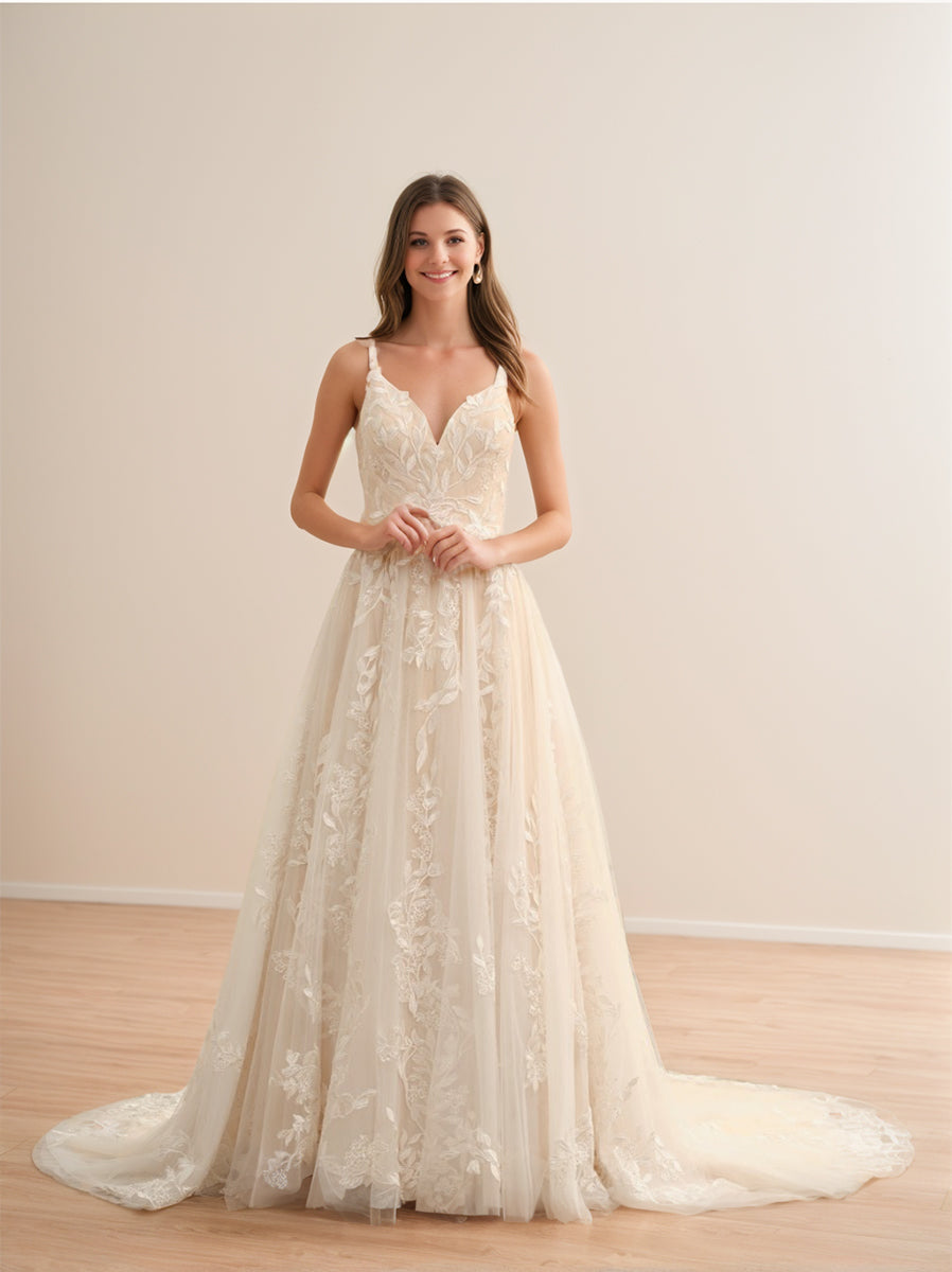 A-Line/Princess Spaghetti Straps Sleeveless Long Wedding Dresses with Appliques BabaMila