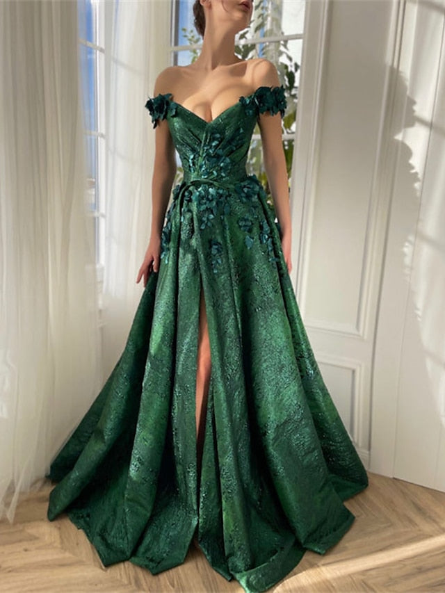 A-Line/Princess Off-the-Shoulder V-Neck Floor-length Long Prom Floral Dresses Whit Split Side/Appliques BabaMila