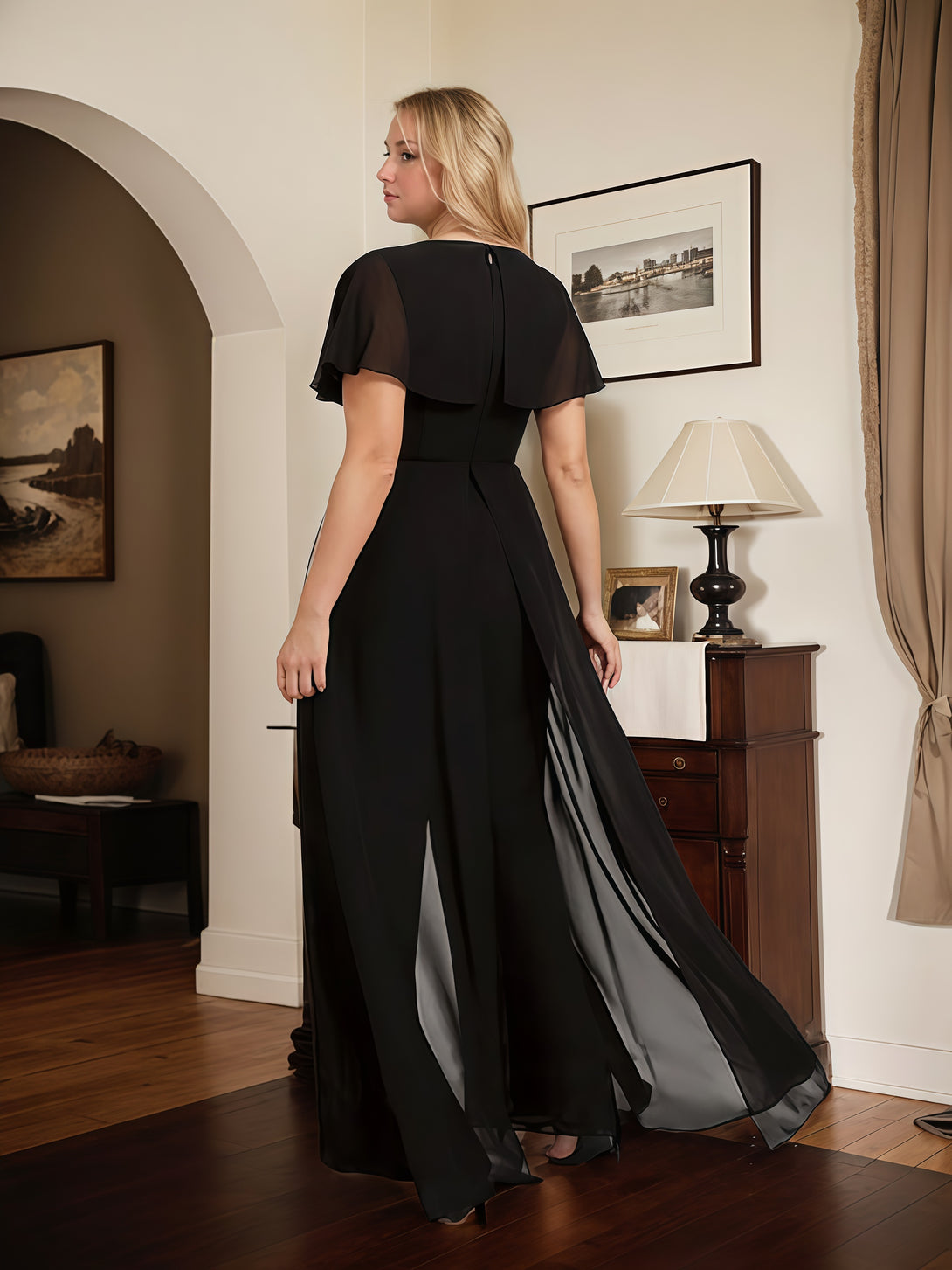 Jumpsuit V-Neck Cape Floor-Length Chiffon Mother of the Bride Dress BabaMila
