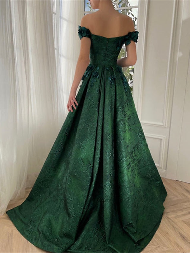 A-Line/Princess Off-the-Shoulder V-Neck Floor-length Long Prom Floral Dresses Whit Split Side/Appliques BabaMila