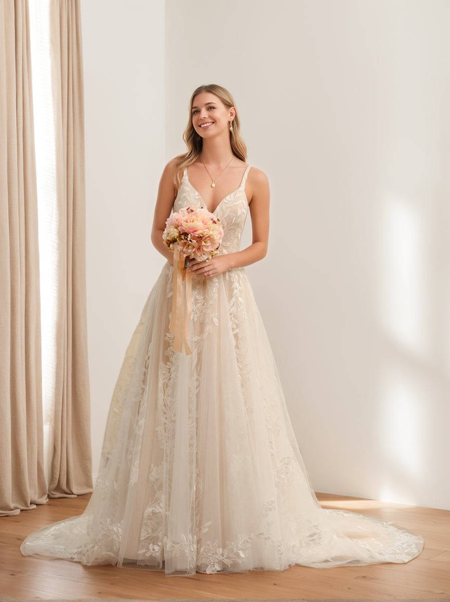 A-Line/Princess Spaghetti Straps Sleeveless Long Wedding Dresses with Appliques BabaMila