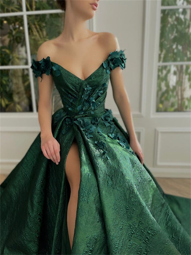 A-Line/Princess Off-the-Shoulder V-Neck Floor-length Long Prom Floral Dresses Whit Split Side/Appliques BabaMila