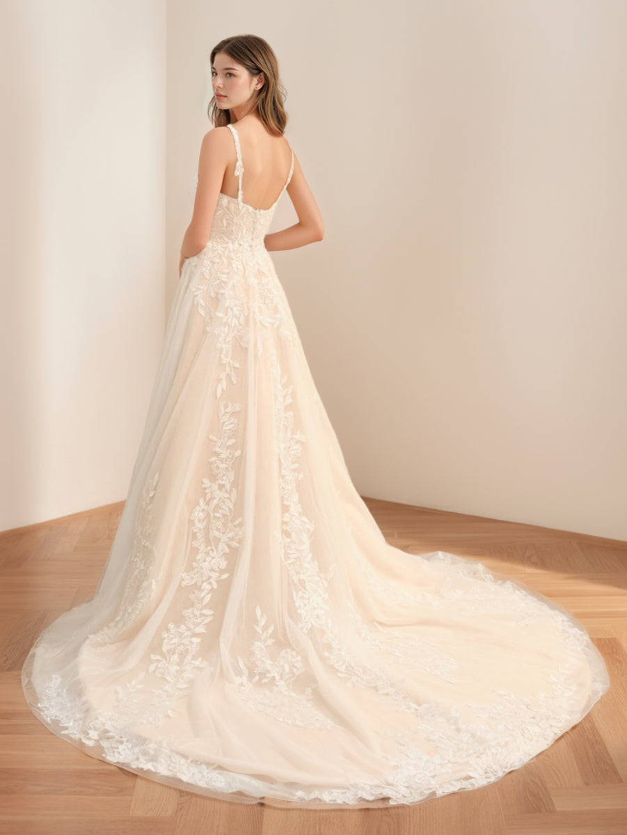A-Line/Princess Spaghetti Straps Sleeveless Long Wedding Dresses with Appliques BabaMila
