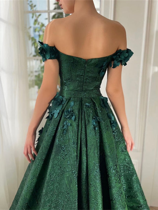 A-Line/Princess Off-the-Shoulder V-Neck Floor-length Long Prom Floral Dresses Whit Split Side/Appliques BabaMila