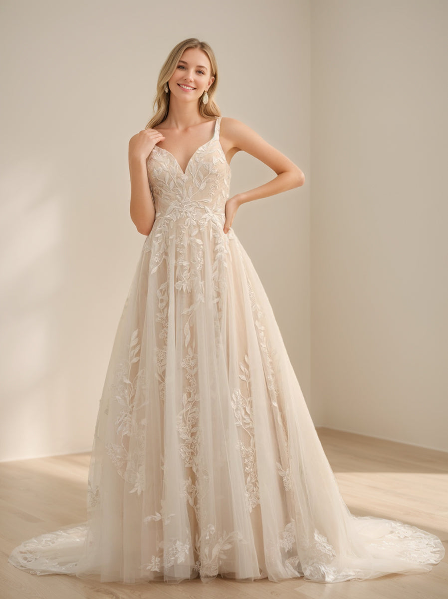 A-Line/Princess Spaghetti Straps Sleeveless Long Wedding Dresses with Appliques BabaMila