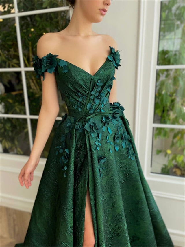 A-Line/Princess Off-the-Shoulder V-Neck Floor-length Long Prom Floral Dresses Whit Split Side/Appliques BabaMila