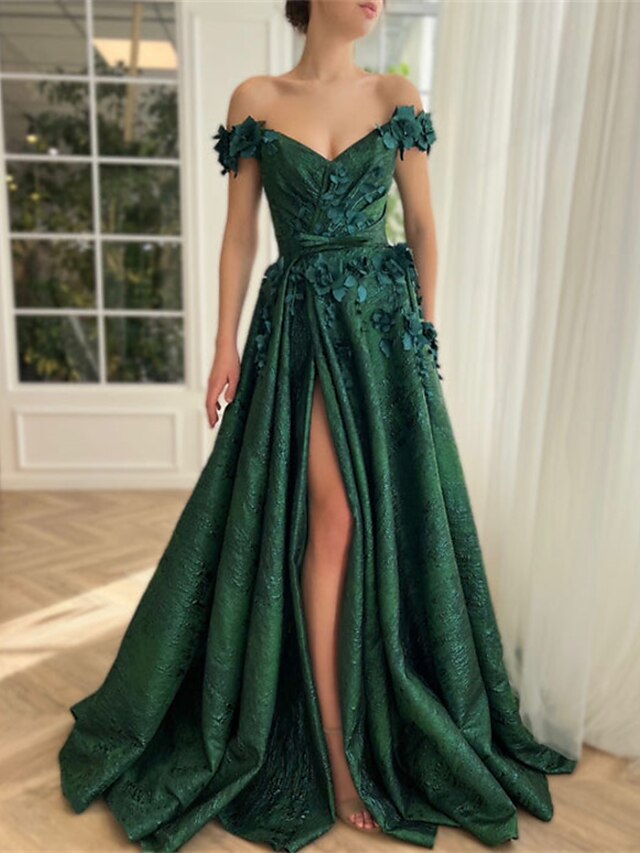A-Line/Princess Off-the-Shoulder V-Neck Floor-length Long Prom Floral Dresses Whit Split Side/Appliques BabaMila