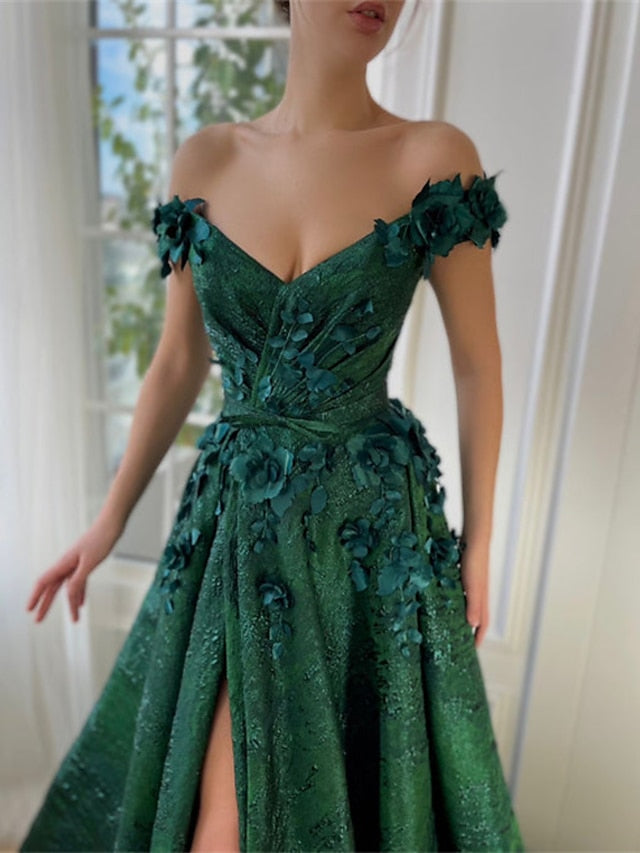 A-Line/Princess Off-the-Shoulder V-Neck Floor-length Long Prom Floral Dresses Whit Split Side/Appliques BabaMila